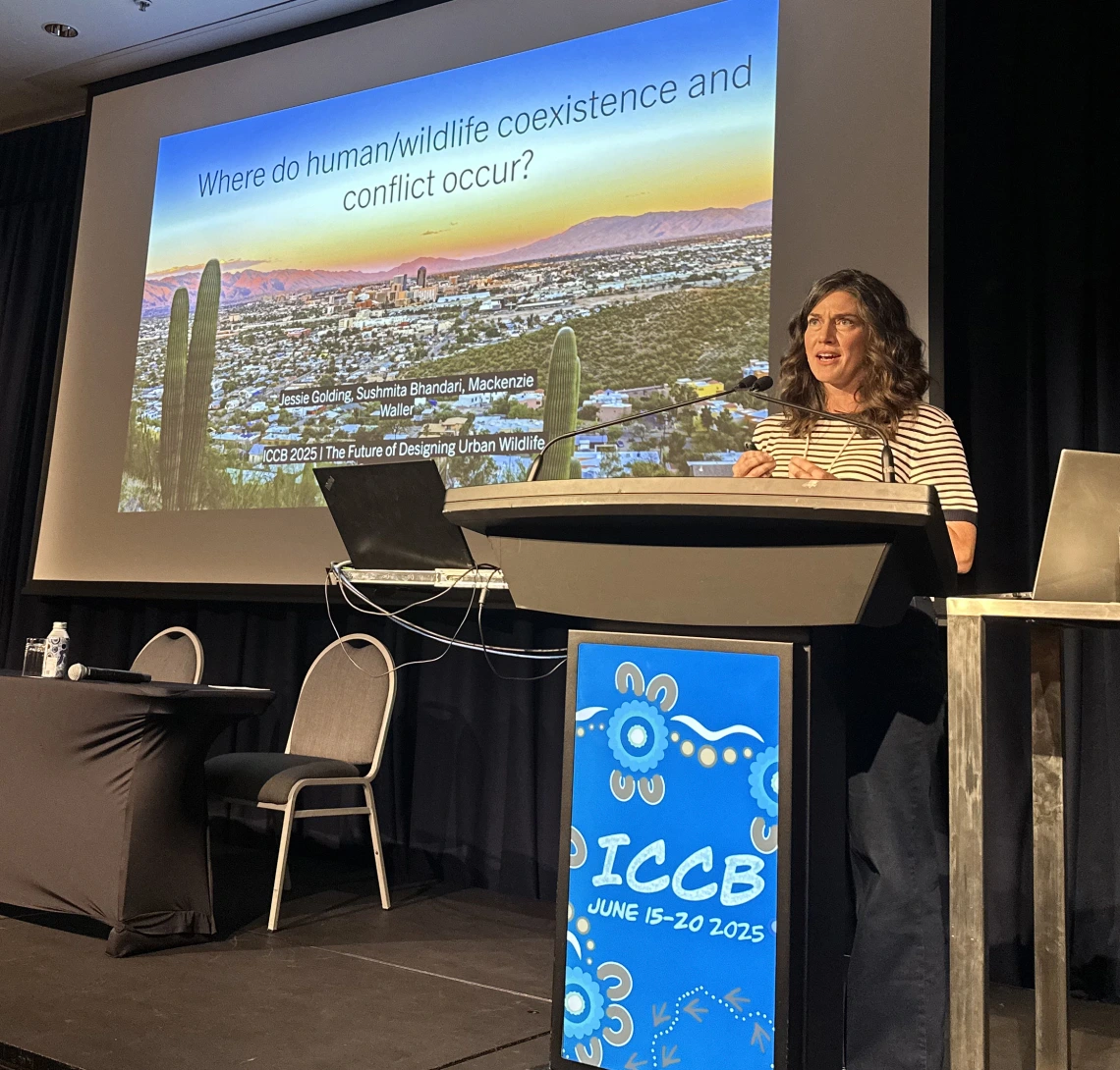 Woman behind a podium presenting.